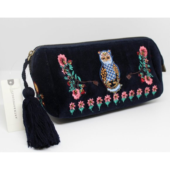Anthropologie Midnight Blue Owl Embroidered Wristlet - Picture 1 of 7